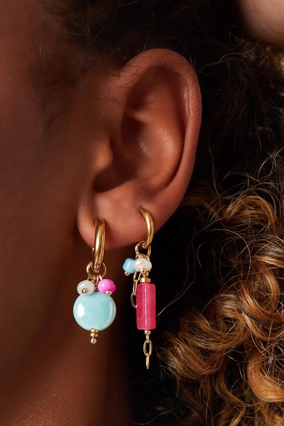 Dangling circle earrings Blue &amp; Gold Color Stainless Steel Picture3